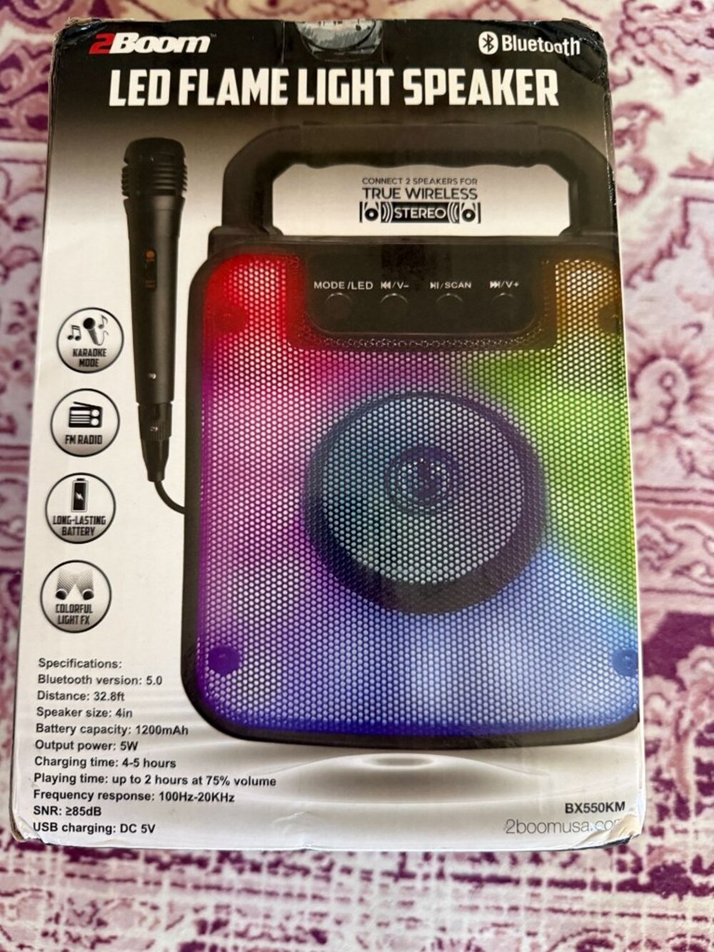 2Boom Karaoke LED Flame Speaker Brand New Sealed Bluetooth Wireless Party Light!